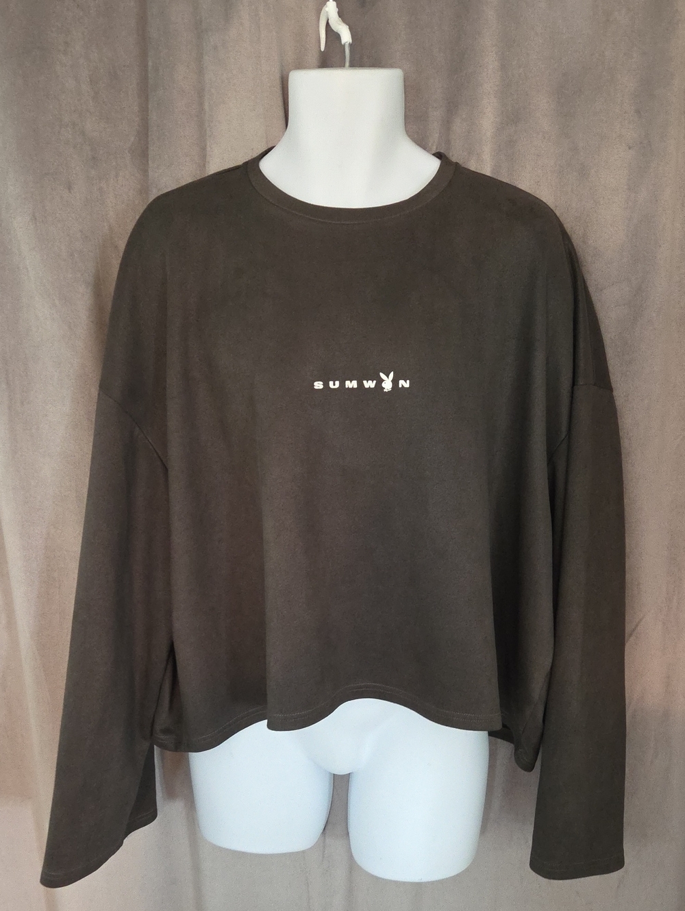 PLAYBOY & Sumwon Size Large (Oversized) Olive Cropped Crewneck Sweatshirt